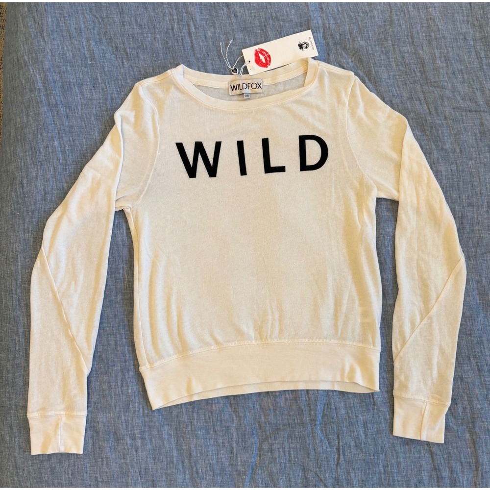 NWT Wildfox WILD Graphic Sweatshirt Ivory Soft Light Weight Crewneck XS